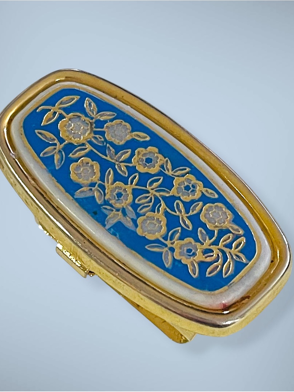 Vintage MidCentury Gold Tone and Blue Enamel Floral Lipstick Holder Mirror Case - Picture 2 of 14